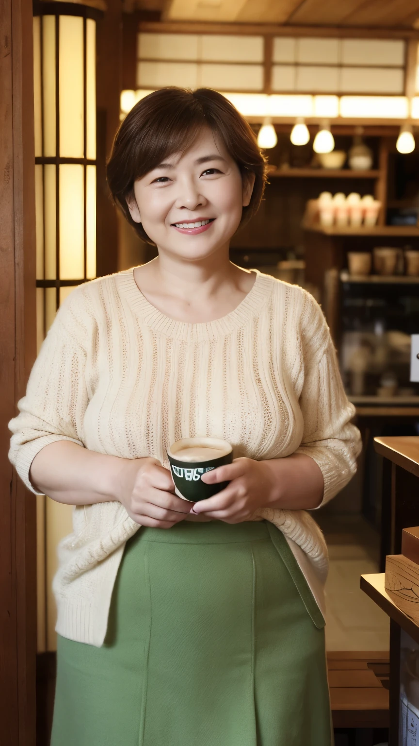 Osaka's aunt、Organic Photography、Highest quality、masterpiece、Ultra-high resolution、Beautiful Japanese old lady、60 years old、Looking at the audience、Elegant face、Smiling with teeth showing、Big Breasts、Wearing a plain short-sleeved knit、Short Hair、mini skirt、Earrings、A corner of a coffee shop, Background Blur