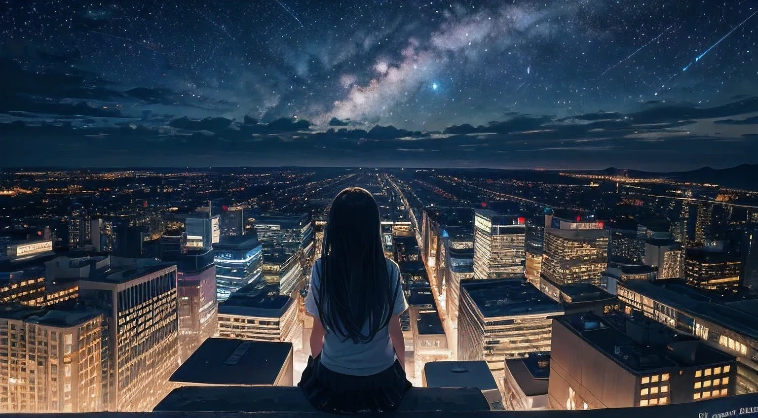 octans, sky, star (sky), scenery, starry sky, night, 1girl, night sky, solo, outdoors, building, cloud, milky way, sitting, tree, long hair, city, silhouette, cityscape