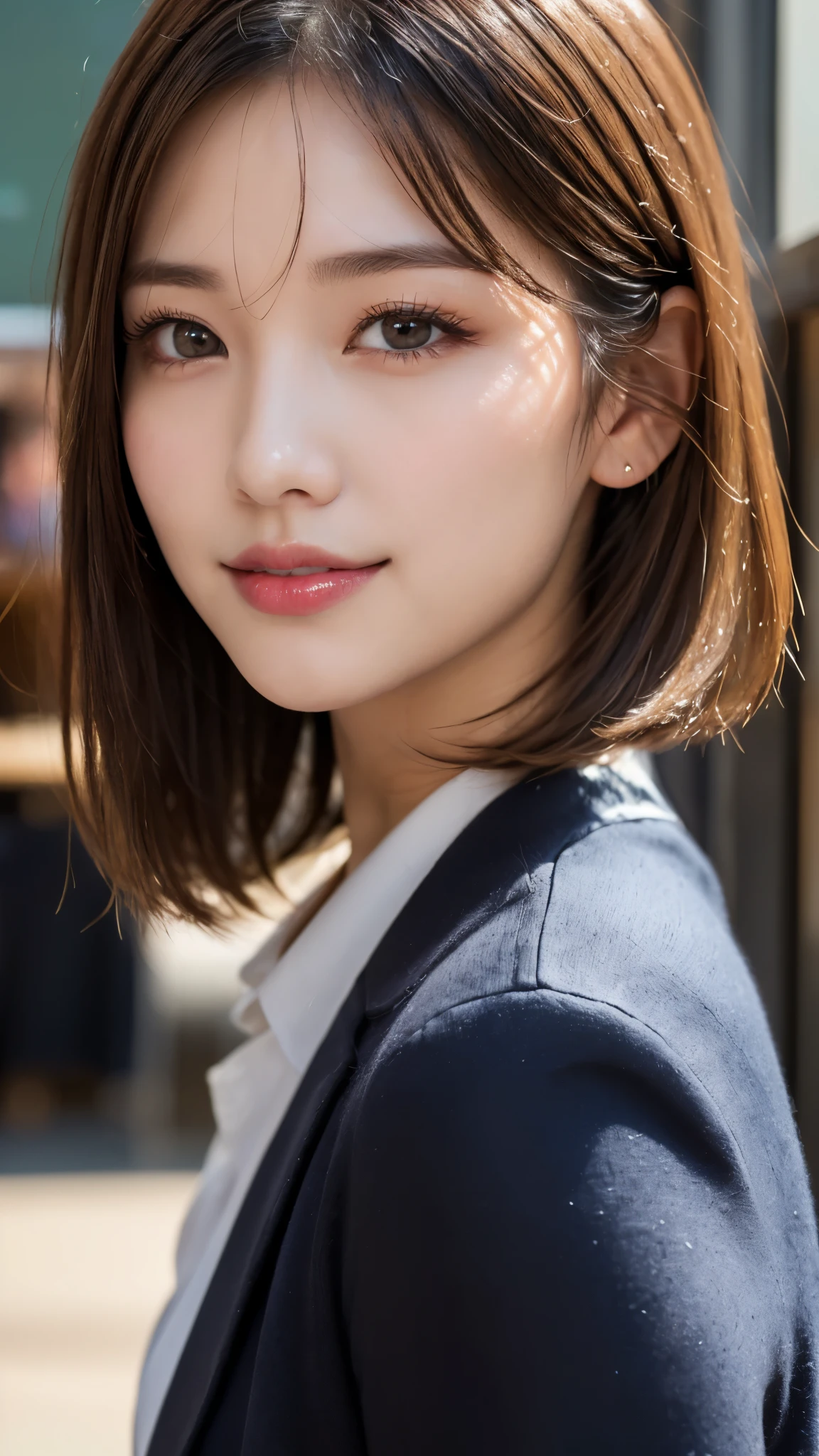 (masterpiece:1.3), (16k, photorealistic, RAW photo, best quality: 1.4),(photo of a beautiful Japanese girl), absurdres, attractive, ultra high resolution, ultra realistic, highly detailed, golden ratio, ultra detailed, super fucking beautiful detailed face, natural makeup, detailed cloth texture, detailed hair texture, beautiful detailed fullbody, Perfect female body, accurate, Anatomically correct, Highly detailed face and skin texture, (beautiful hands), (realistic skin), (beautiful pale skin:1.1), (Perfect dynamic composition, looking at viewer, full body shot:1.3),
BREAK,
realistic eyes, beautiful detailed eyes, symmetric eyes, Light Brown eyes, Double eyelids, Thin eyebrows, (Glossy lips:1.4), ((A face with waiting for a kiss, Seductive smile:1.2)), (weat skin, blush:1.1),
BREAK,
((short hair, bob, Dark blonde hair, bangs, pin:1.2)), (Daytime, classroom:1.3), (school uniform, Dark Blue jacket, Ribbon, white Long sleeve, Checkered skirt:1.3)