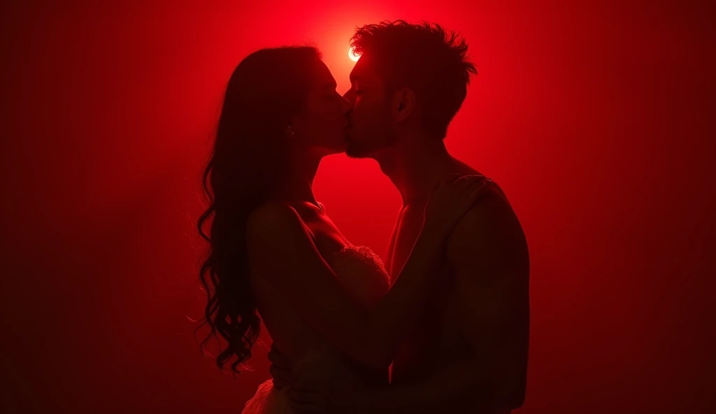Hot yet subtle scene with reddish lighting. Intense kiss, hands exploring her body, dress slowly being lifted.