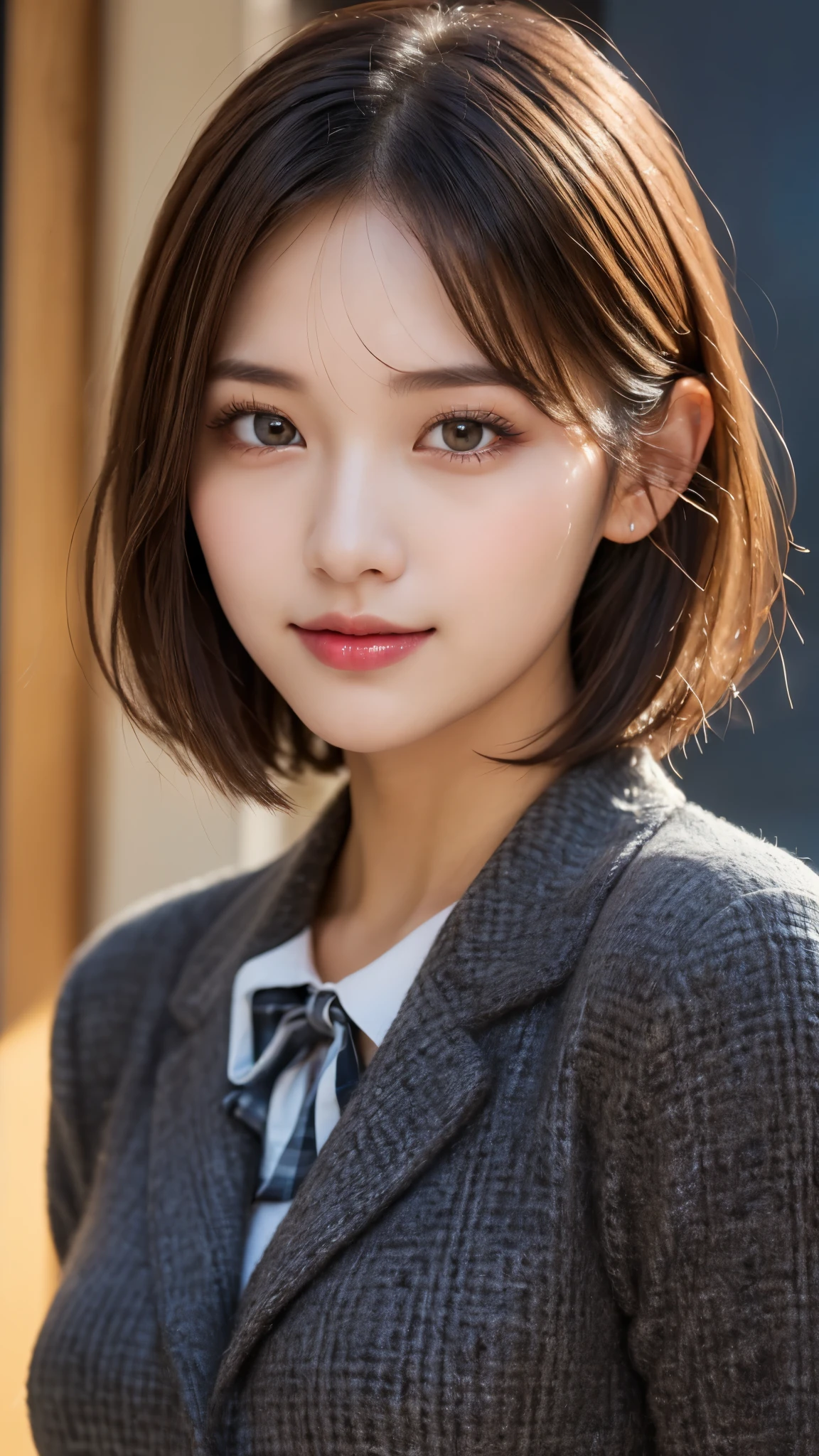 (masterpiece:1.3), (16k, photorealistic, RAW photo, best quality: 1.4),(photo of a beautiful Japanese girl), absurdres, attractive, ultra high resolution, ultra realistic, highly detailed, golden ratio, ultra detailed, super fucking beautiful detailed face, natural makeup, detailed cloth texture, detailed hair texture, beautiful detailed fullbody, Perfect female body, accurate, Anatomically correct, Highly detailed face and skin texture, (beautiful hands), (realistic skin), (beautiful pale skin:1.1), (Perfect dynamic composition, looking at viewer, full body shot:1.3), 
BREAK, 
realistic eyes, beautiful detailed eyes, symmetric eyes, Light Brown eyes, Double eyelids, Thin eyebrows, (Glossy lips:1.4), ((A face with waiting for a kiss, Seductive smile:1.2)), (weat skin, blush:1.1), 
BREAK, 
((short hair, bob, Dark blonde hair, bangs, pin:1.2)), (Daytime, classroom:1.3), (school uniform, Dark Blue jacket, Ribbon, white Long sleeve, Checkered skirt:1.3)