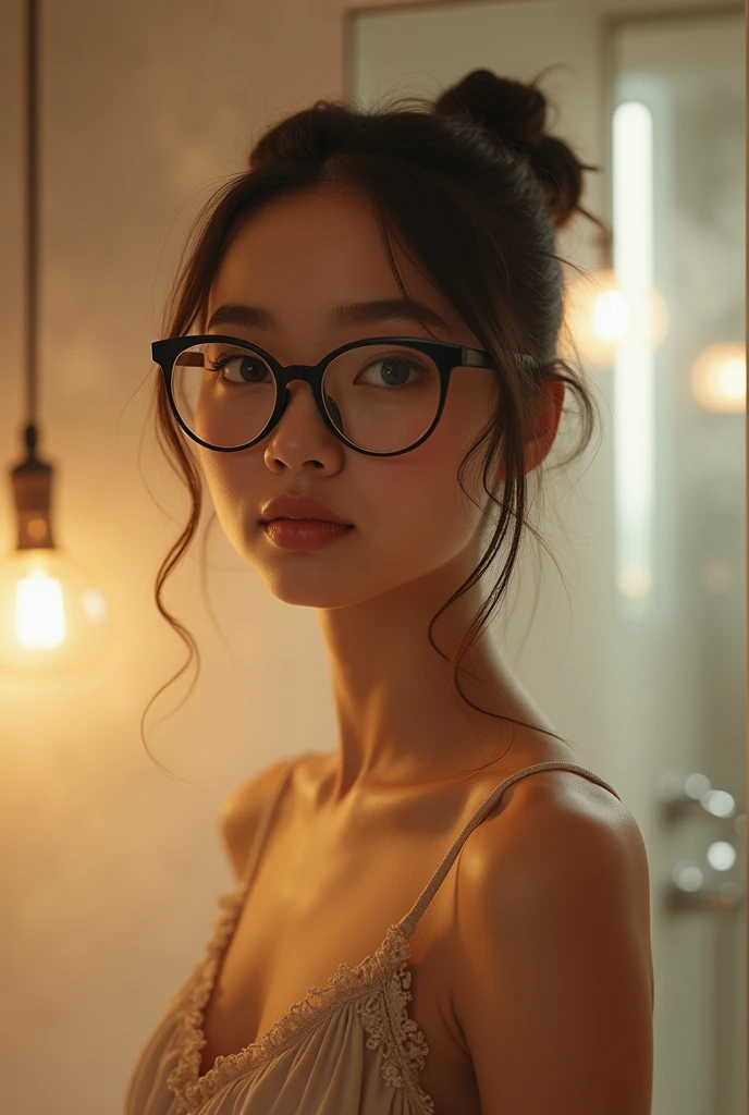 (photorealism:1.2), A cute young malay woman wearing glasses, with big boobs, naked in bathroom, detailed photo, high resolution photo, portrait photo, epic realism