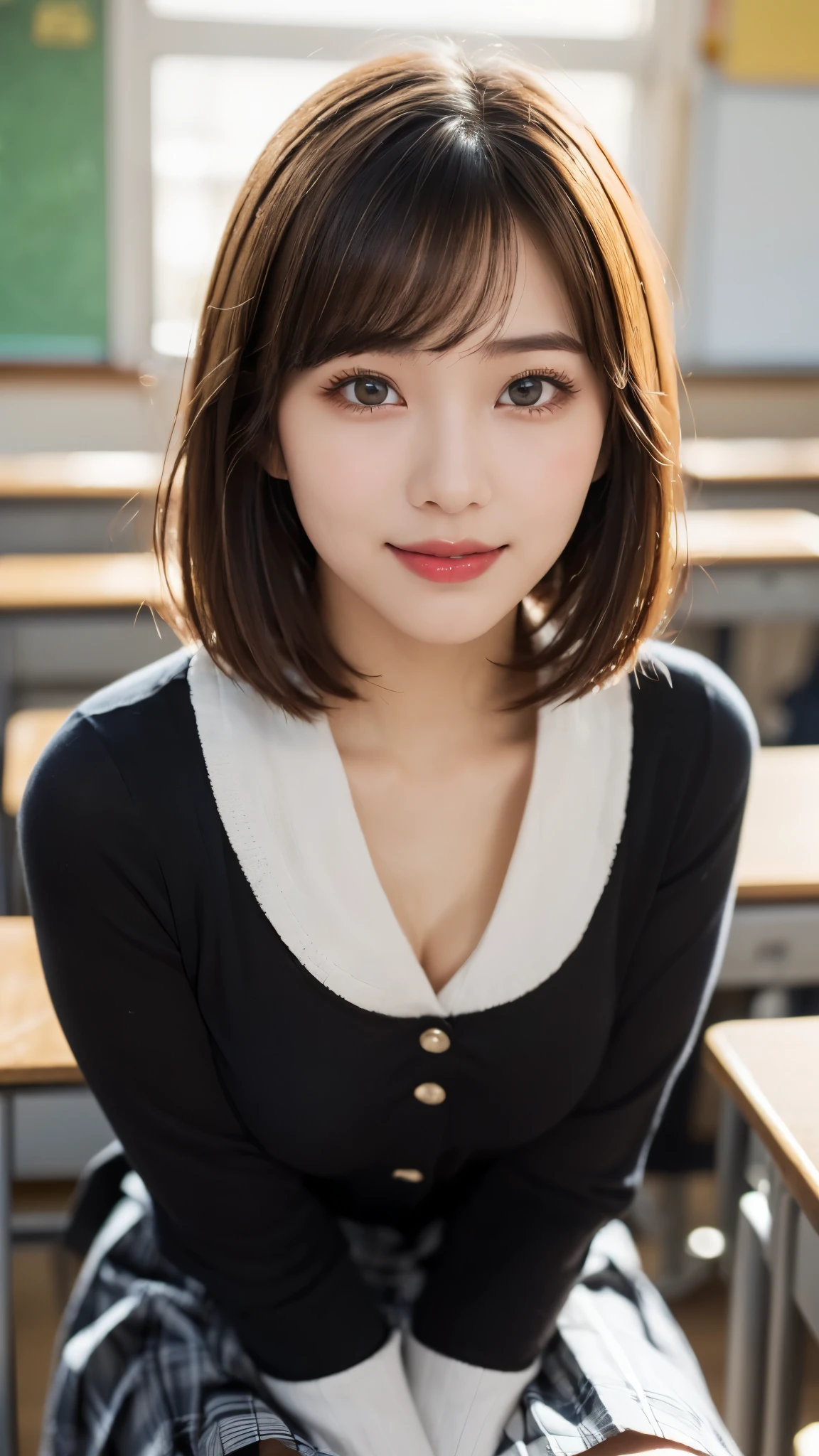 (masterpiece:1.3), (16k, photorealistic, RAW photo, best quality: 1.4),(photo of a beautiful Japanese girl), absurdres, attractive, ultra high resolution, ultra realistic, highly detailed, golden ratio, ultra detailed, super fucking beautiful detailed face, natural makeup, detailed cloth texture, detailed hair texture, beautiful detailed fullbody, Perfect female body, accurate, Anatomically correct, Highly detailed face and skin texture, (beautiful hands), (realistic skin), (beautiful pale skin:1.1), (Perfect dynamic composition, looking at viewer, full body shot:1.3),
BREAK,
realistic eyes, beautiful detailed eyes, symmetric eyes, Light Brown eyes, Double eyelids, Thin eyebrows, (Glossy lips:1.4), ((A face with waiting for a kiss, Seductive smile:1.2)), (weat skin, blush:1.1),
BREAK,
((short hair, bob, Dark blonde hair, bangs, pin:1.2)), (Daytime, classroom:1.3), (school uniform, Dark Blue jacket, Ribbon, white Long sleeve, Checkered skirt:1.3)
