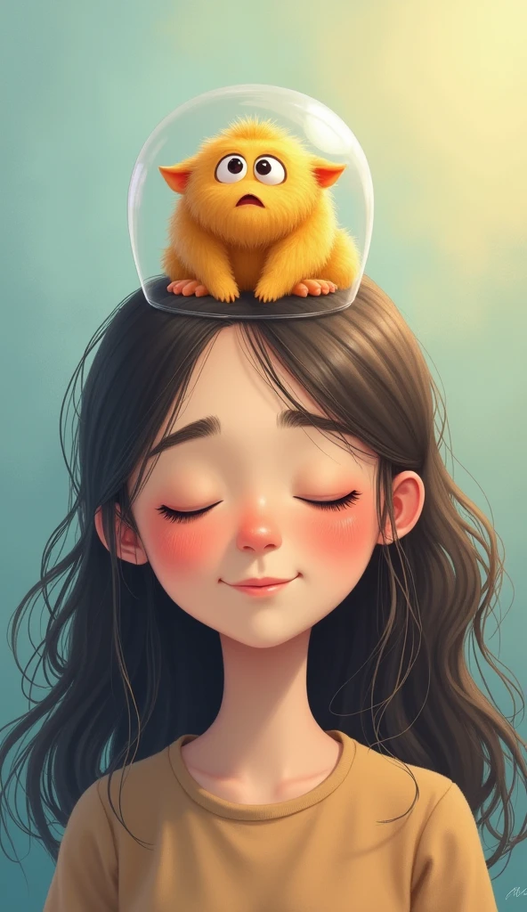 A realistic and gentle illustration featuring a real person with a small, cute monster inside their head, symbolizing anxiety. The person is a young adult, with a calm and relaxed expression, as if in control. The monster, slightly cartoonish but still realistic, is soft, non-threatening, and has a slightly worried look. The image is vertical and shows the person from the shoulders up, with the monster inside the head, which is semi-transparent. The background is calming, with soft blues and greens, giving a peaceful and serene atmosphere. The overall feel is one of understanding, peace, and balance between the person and their anxiety.