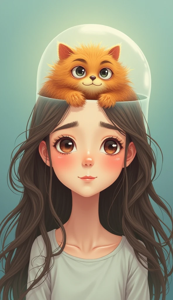 A realistic and gentle illustration featuring a real person with a small, cute monster inside their head, symbolizing anxiety. The person is a young adult, with a calm and relaxed expression, as if in control. The monster, slightly cartoonish but still realistic, is soft, non-threatening, and has a slightly worried look. The image is vertical and shows the person from the shoulders up, with the monster inside the head, which is semi-transparent. The background is calming, with soft blues and greens, giving a peaceful and serene atmosphere. The overall feel is one of understanding, peace, and balance between the person and their anxiety.