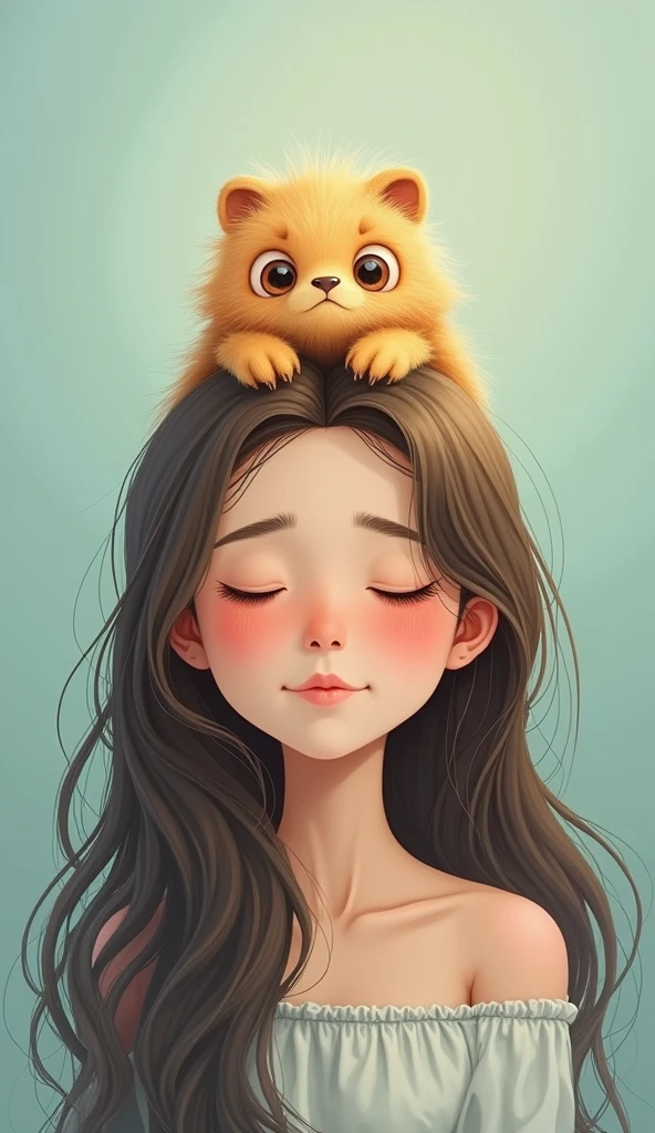 A realistic and gentle illustration featuring a real person with a small, cute monster inside their head, symbolizing anxiety. The person is a young adult, with a calm and relaxed expression, as if in control. The monster, slightly cartoonish but still realistic, is soft, non-threatening, and has a slightly worried look. The image is vertical and shows the person from the shoulders up, with the monster inside the head, which is semi-transparent. The background is calming, with soft blues and greens, giving a peaceful and serene atmosphere. The overall feel is one of understanding, peace, and balance between the person and their anxiety.