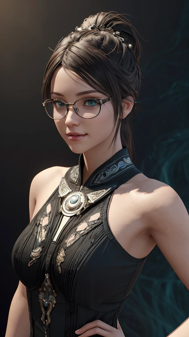 woman in meow fashion,portrait,big green eyes,nice smile, metal frame glasses, masterpiece,8 K,top quality,trending at the art station. (masterpiece, top quality, Best quality, official art, beautiful and aesthetically pleasing:1.2), extremely detailed,(fractal art:1.2),colorful,The most detailed, (dynamic pose), (abstract background:1.5), (Many colors:1.4). ((split. skin texture, Shiny skin. elegance. photorealism. unreal engine. 3D model. Ultra high quality textures. high detail. permission 8k))