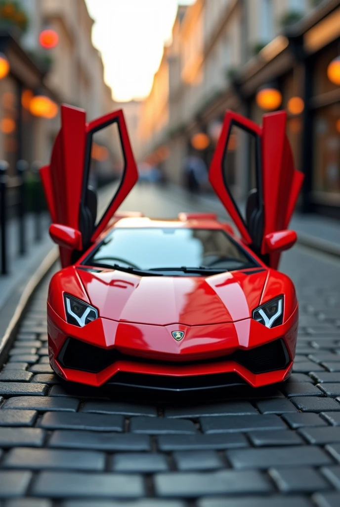 ((masterpiece,top quality,top quality)),Plastic model of a sports Lamborghini with open doors,red,Streets of England,Isometric 3D diorama,glossy paint,soft lighting