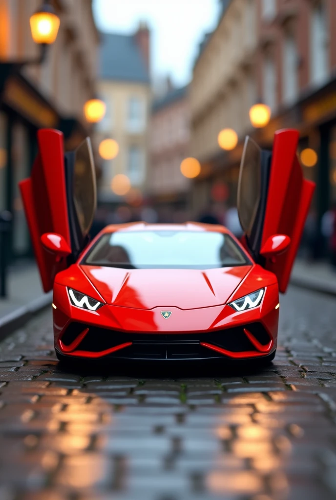 ((masterpiece,top quality,top quality)),Plastic model of a sports Lamborghini with open doors,red,Streets of England,Isometric 3D diorama,glossy paint,soft lighting