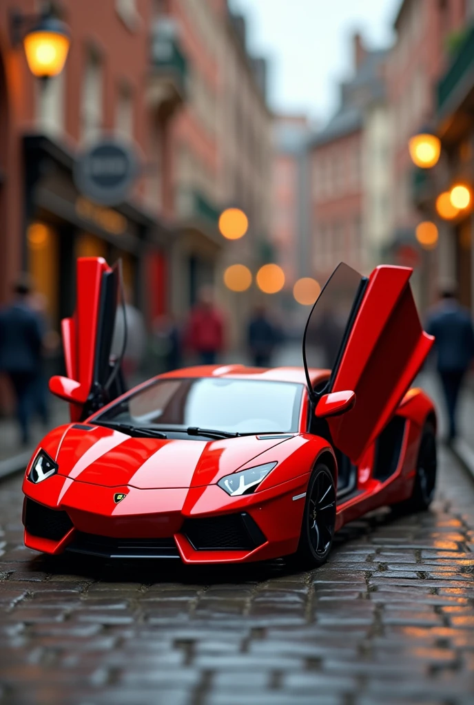 ((masterpiece,top quality,top quality)),Plastic model of a sports Lamborghini with open doors,red,Streets of England,Isometric 3D diorama,glossy paint,soft lighting