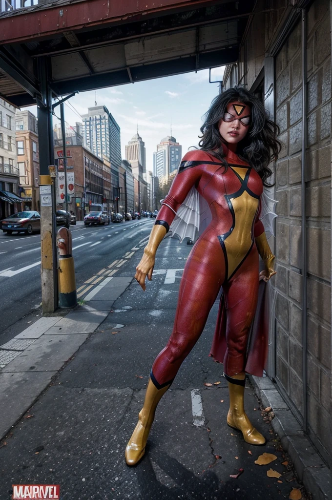 Spider-woman Jessica Drew, (Standing), visible legs, in city, frontal shot. 