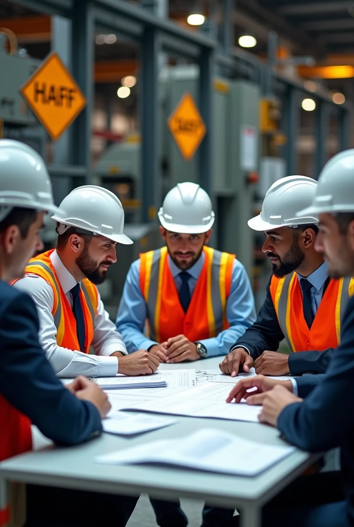 "A group of professional engineers wearing white safety helmets, gathered around a table in a modern industrial setting. They are reviewing documents and plans related to workplace health and safety management programs.. The engineers are dressed in smart, professional attire with safety vests, and the environment around them includes safety signs, industrial equipment and tools. The scene is well lit with a focus on collaboration, the experience and commitment to ensuring a safe working environment. The background shows elements such as factory machinery., Safety signage and an organized workspace, emphasizing its role in occupational safety".
"Size": "1024x1024"
