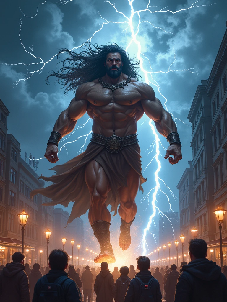 A God of thunder, long hair shines with lightning, Standing in the air,strong,robust body, muscular,rage in eyes,night time,city sqare is glowing by the lightning and thunder in the background