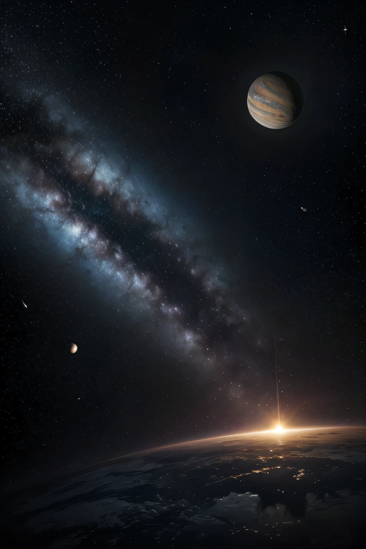 universe with several planets falling stars, raining comets, highly dark