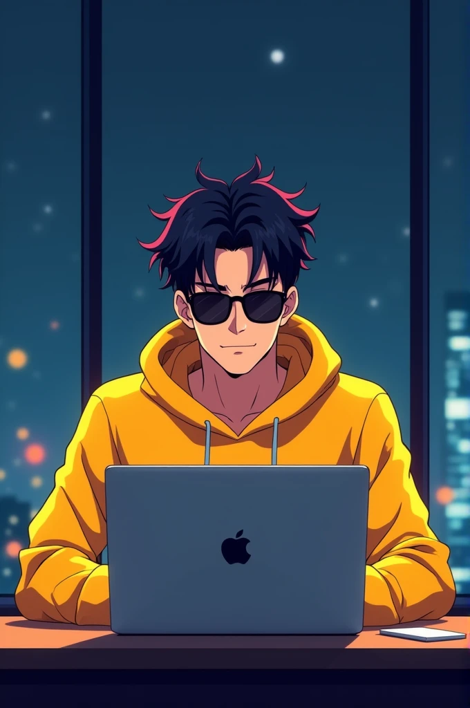 ANIME FRIENDLY LOOKING MALE BUSINESS
CHARACTER WHO IS WEARING A YELLOW HOODIE AND SUNGLASSES. HE IS SITTING BEHIND HIS LAPTOP IN HIS OFFICE, ARMS ON HIS DESK. IT IS NIGHT. THE ROOM HAS VOLUMETRIC
LIGHTING. HE IS FRONT-FACING TOWARD THE
CAMERA, LOOKING STRAIGHT AND CENTERED, CENTRAL PORTRAIT, SITTING STRAIGHT, FRONT VIEW, CENTERED LOOKING STRAIGHT. THE OVERALL AMBIANCE OF THE IMAGE SHOULD CONVEY A CONNECTION TO MINIMALISM, FLAT ILLUSTRATION, BOLD LINE, MINIMALISM, SIMPLIFIED, GOUACHE ILLUSTRATION. 8K RESOLUTION looking Front of me eye contact