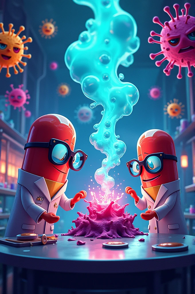 A cartoon of a laboratory, full of viruses in the air,with flashing lights,and there is a table that in the center has a super bacteria being created,around this table there are 2 scientists,but they aren't human,they're giant medicine pills,wearing scientist glasses and with an evil smile