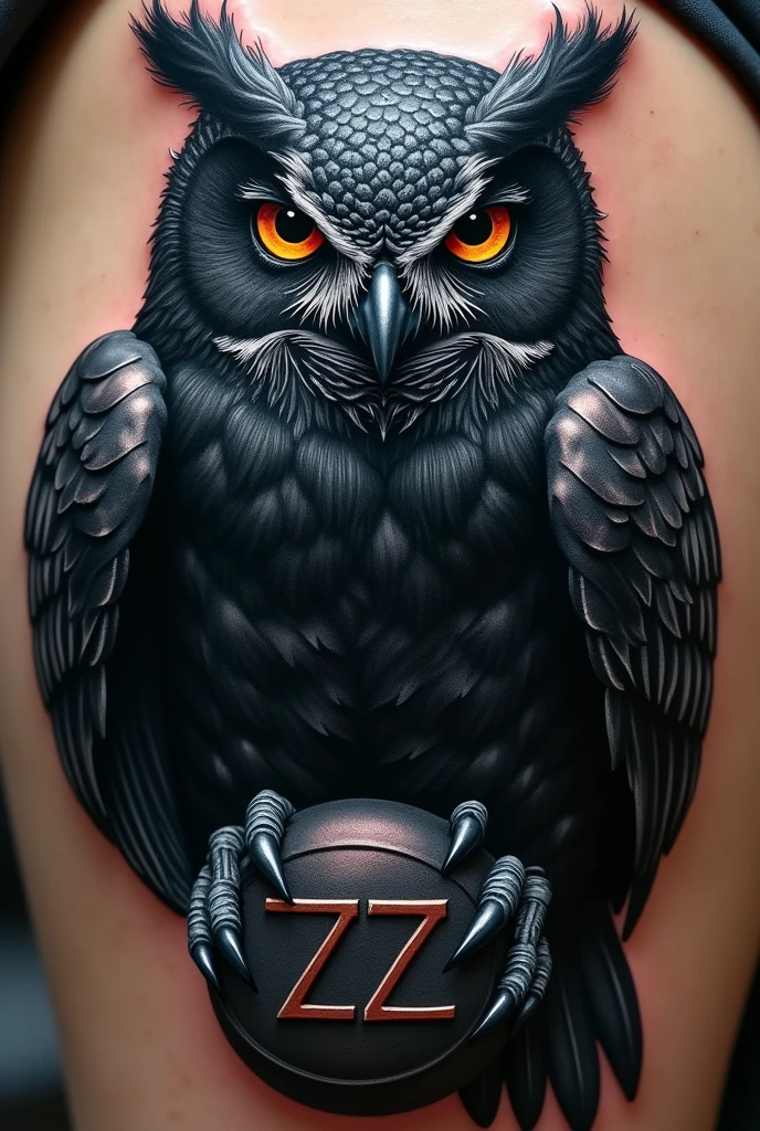 Create a dark owl, with black feathers and piercing eyes, inn above the Greek symbol of philosophy, in a cold, metallic tone. The owl is positioned with its claws firmly attached to the symbol, and its wings are partially open, giving a sense of majesty and mystery. An image for a tattoo.
