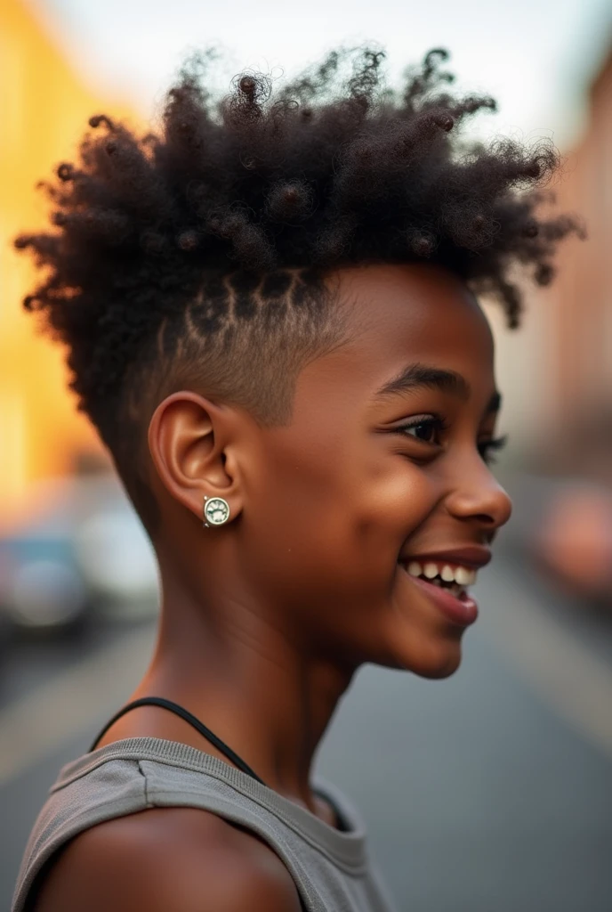 A profile picture of a black person, adolescent, curly hair in American, earring in ear, piercing in the eyebrow and with a charming smile , naughty man