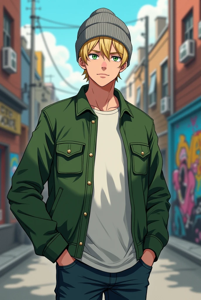 Tall and handsome guy, but with a sour face, light blonde and straight hair, but covered by a gray beanie (No hat!), and his eyes are green, wear casual clothes, but with a green jacket. anime style.  