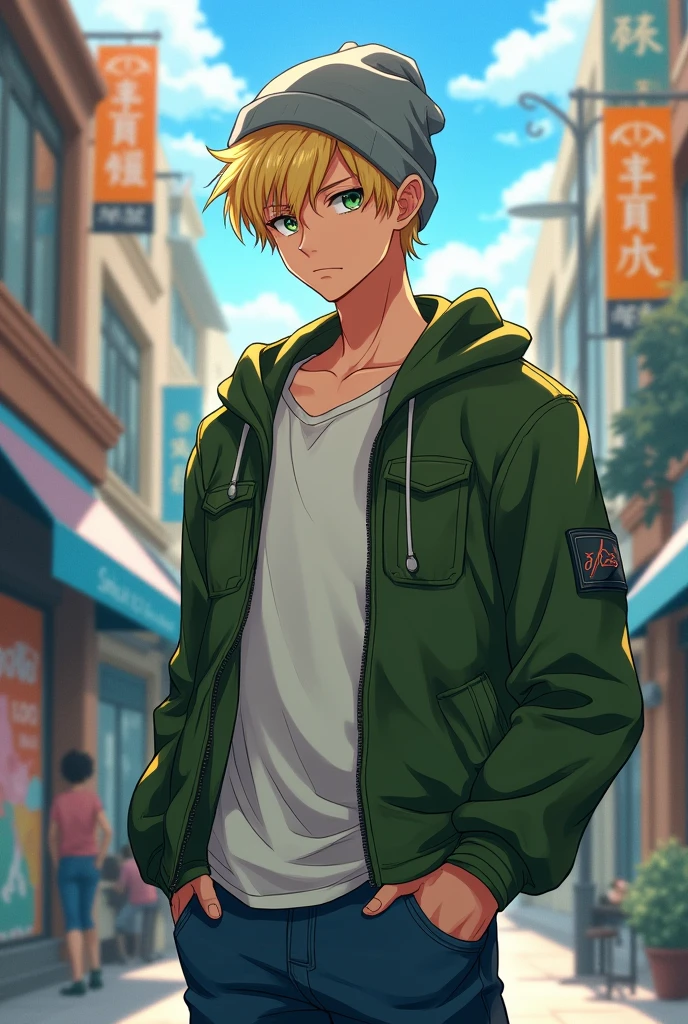 Tall and handsome guy, but with a sour face, light blonde and straight hair, but covered by a gray beanie (No hat!), and his eyes are green, wear casual clothes, but with a green jacket. anime style.  