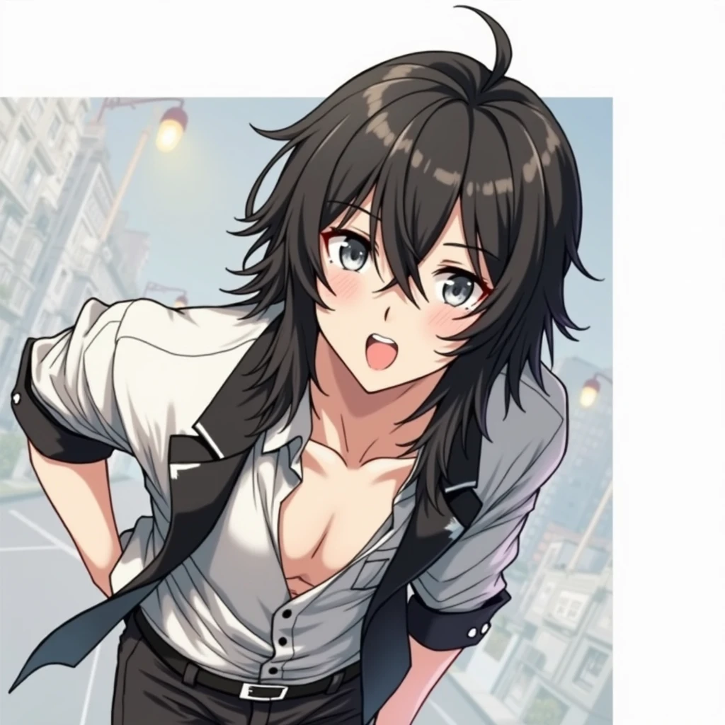 A guy with long black hair, with grey eyes,black trousers, a black unbuttoned shirt, Beautiful face, beautiful body, anime art, masterpiece, realistically