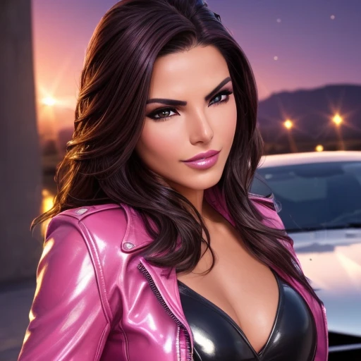 Best quality, realistic, from the front in first person,  (a female mexican Supermodel), (sexy pink shiny leather jacket :1.1), split, seductive smile, (dark hair), (hairstyle:1.0), Perfect eyes, sharp parts, detailed face, face-makeup, cheeks turn red, Eyeliner, eyeshadow, lip gloss, Supermodel, (Deep Focus), (hard lighting), (Night time), (realistic lighting:1.0)