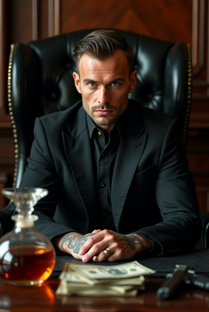 33 year old man with black hair, green eyes, clear skin, well-built, beautiful, captivating, but intimidating and dangerous, marked features, square jaw, with some tattoos on his neck dressed in a black suit. The man is leaning back in an imposing black chair, like the king of an organization and at the desk, There are weapons, money and alcohol. El gombre es de belleza captivatinga la cual no pasa desapercibida. He is of Russian nationality and on his white skin you can see