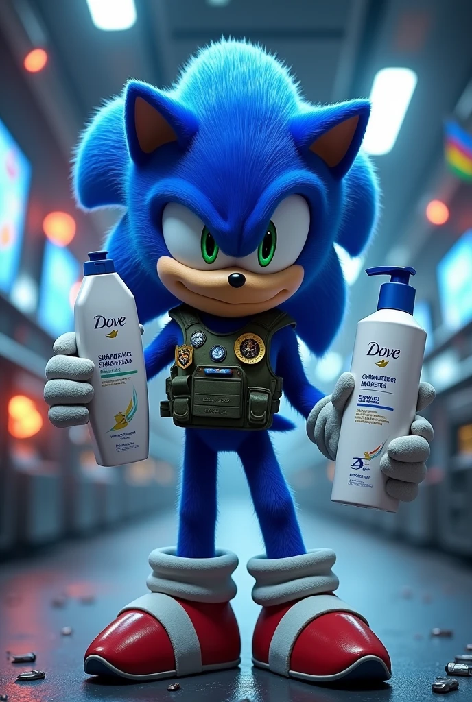 Sonic holding a bottle of Dove and a Seda in an elite troop style