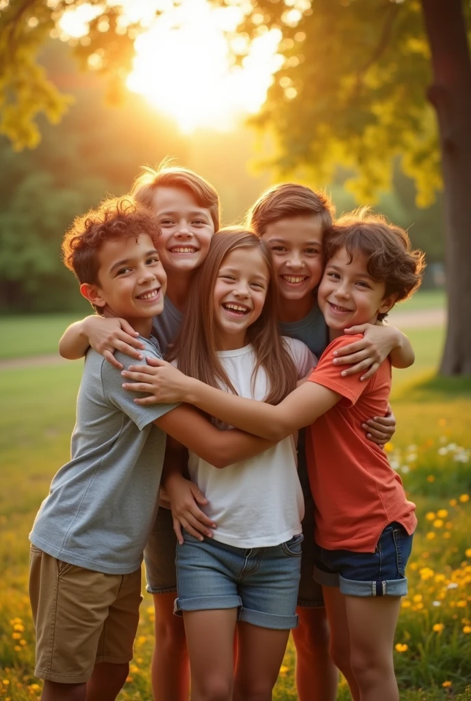 Three brothers and sister hugg