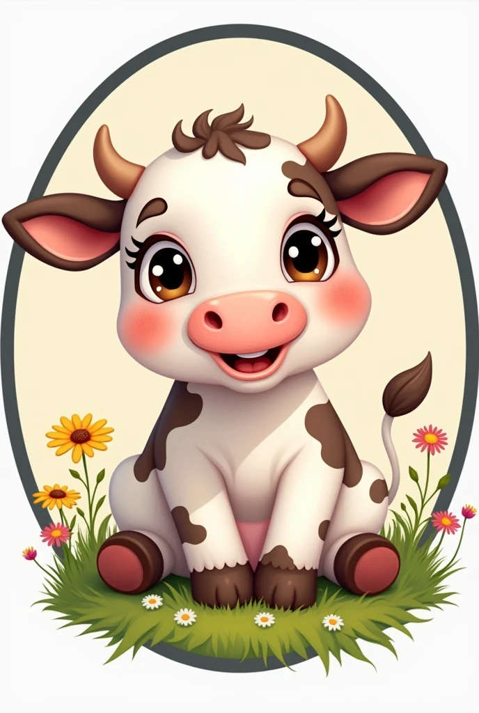 a cute animated cow sitting with long eyelashes, The image should be round with a black margin.