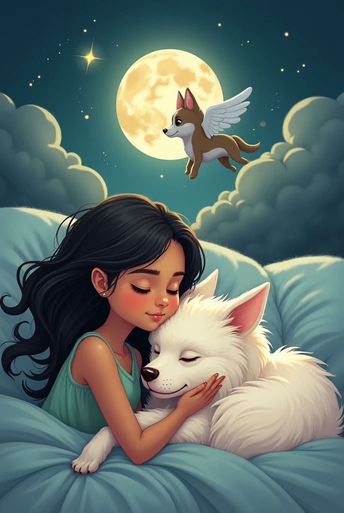 The coffee is moon and the white scrapy, and then I
make the semi-realistic illustration where scrapy like he and I are hugging sleeping and luna in the form of an angel or something like that accompanying us
when she died scrapy and I were very depressed

luna is my brown dog with a husky cross with green eyes, she died last year
scrapy is my white spanish dog with churros and dark brown eyes, He's still with me since 2015.
I'm a teenage girl with a tanned complexion, somewhat brown but not that much, .

Make a semi-realistic photo where Scrapy and I are sleeping and Luna in the form of an angel accompanies us.
Scrapy is like with fluffy hair and I with long black hair and I'm brown. 

