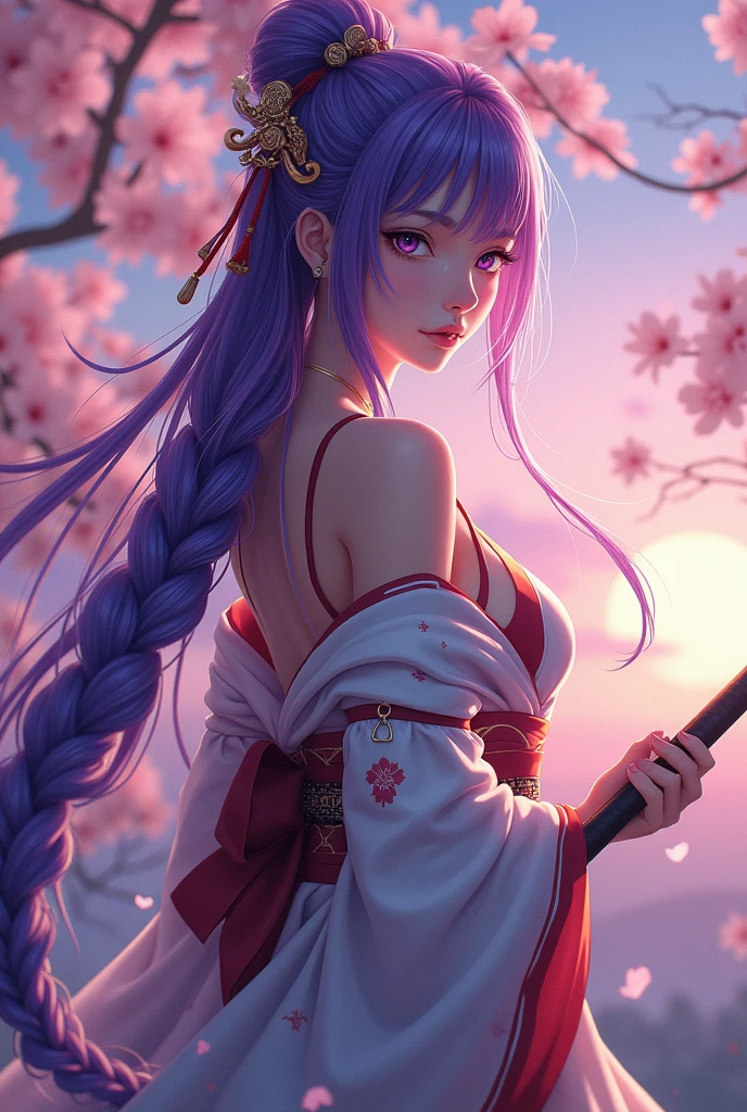 masterpiece, Best quality, anime style, high detail, Young woman, high growth, long purple hair braided into a braid, Chinese clothing similar to a yukata but more revealing, A naginata in hand, a calm stance, Long face, purple eyes