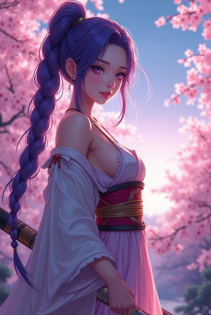 masterpiece, Best quality, anime style, high detail, Young woman, high growth, long purple hair braided into a braid, Chinese clothing similar to a yukata but more revealing, A naginata in hand, a calm stance, Long face, purple eyes