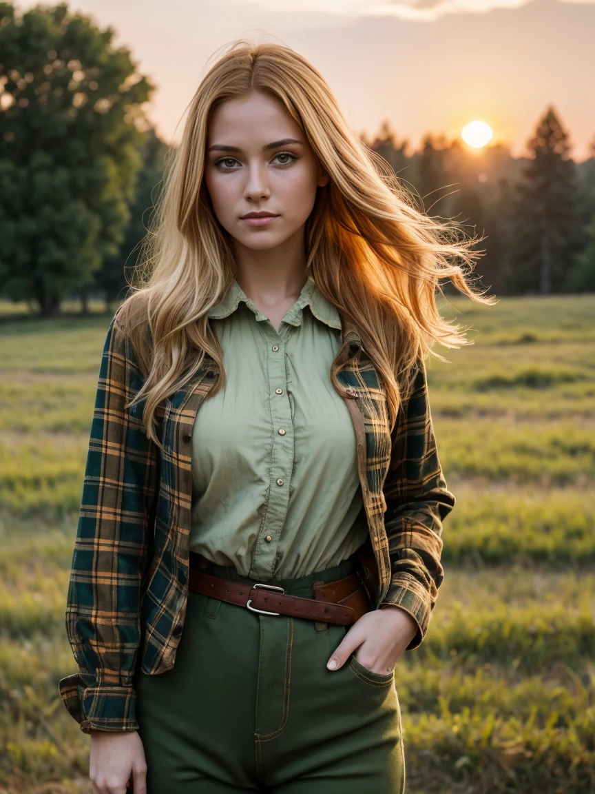 Gorgeous, busty and thin peasant girl, late 1800s, Old west aesthetic, exterior, trees, countryside, evening, sunset, strawberry-blonde hair, Loose-fit brown pants, faded green flannel shirt.