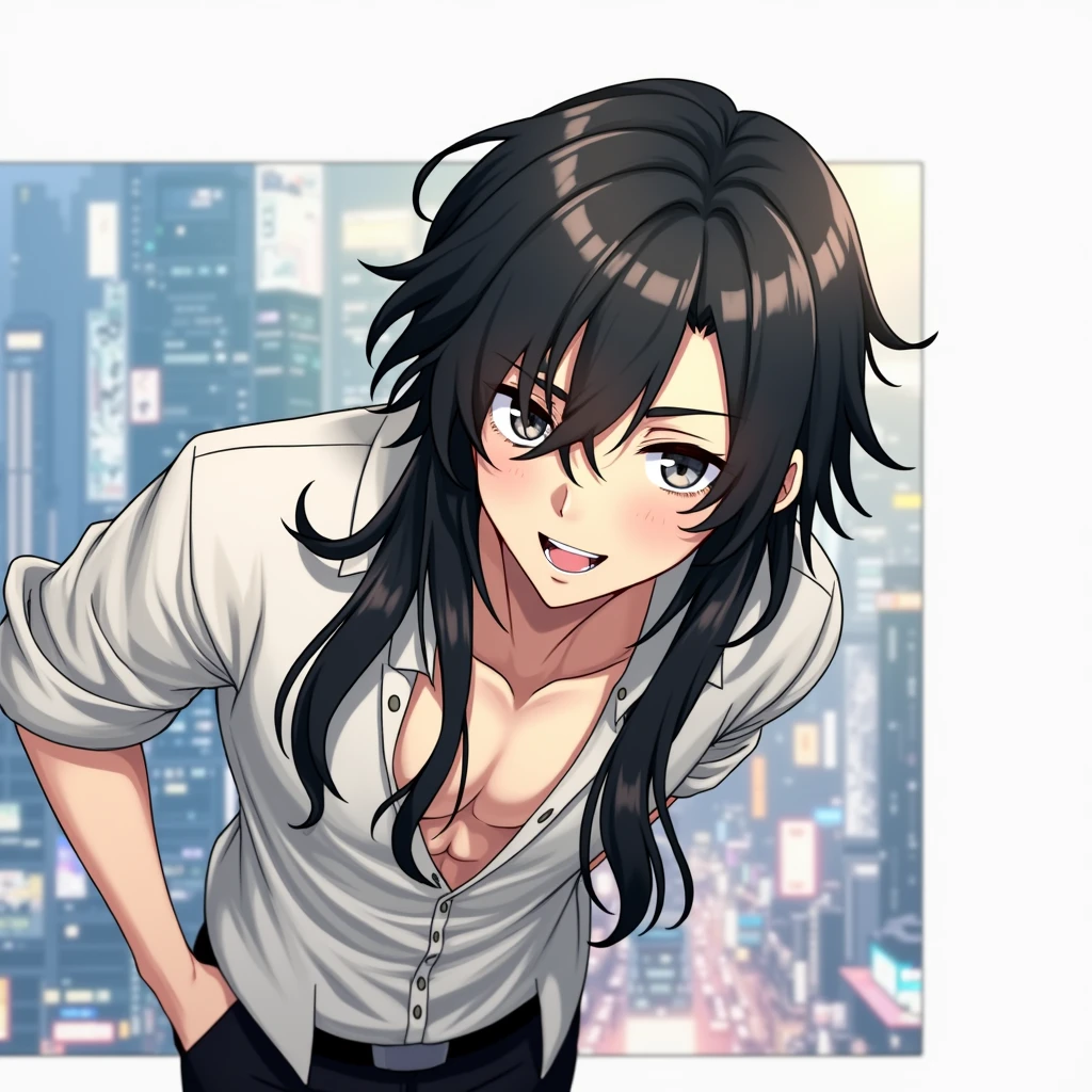 A guy with long black hair, with grey eyes,black trousers, a black unbuttoned shirt, Beautiful face, beautiful body, anime art, masterpiece, realistically