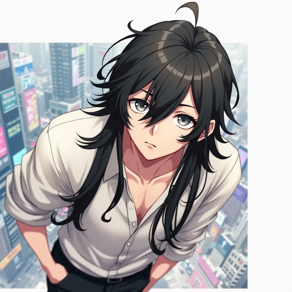 A guy with long black hair, with grey eyes,black trousers, a black unbuttoned shirt, Beautiful face, beautiful body, anime art, masterpiece, realistically
