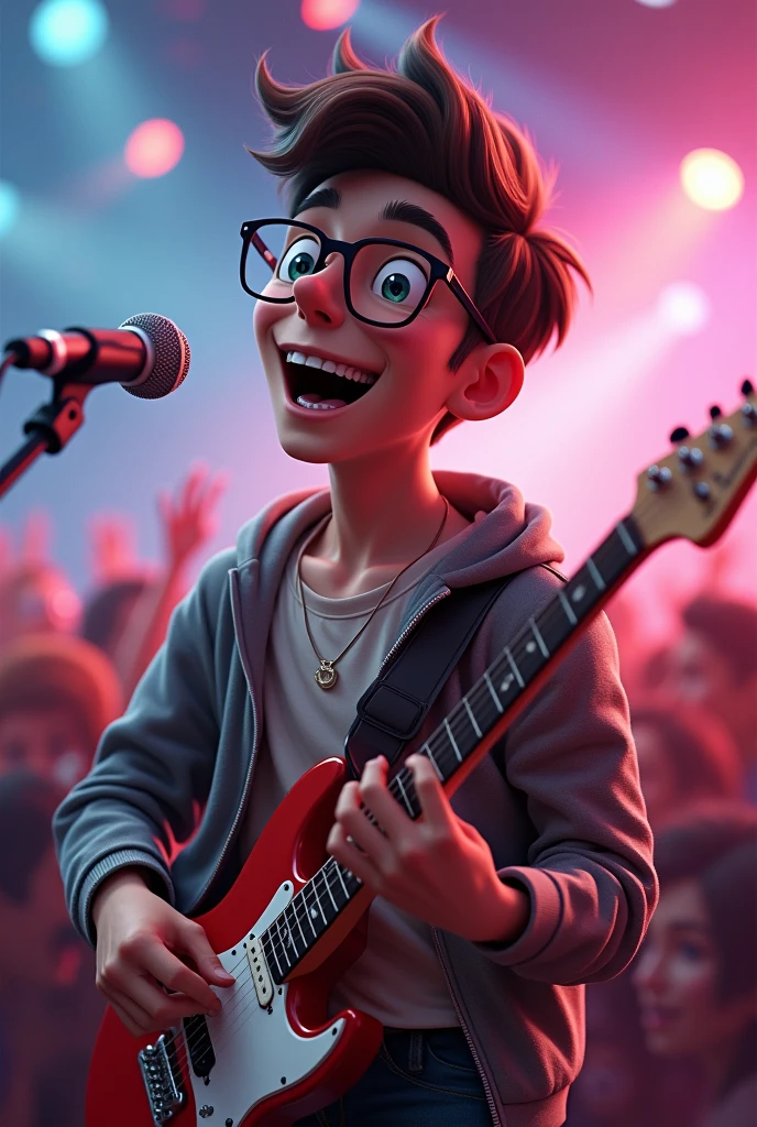 Create a 3D illustration of a white man, with dark brown, very short hair, with square glasses and braces, wearing a neutral color t-shirt and over it an open gray sweatshirt playing guitar as if it were a rock concert