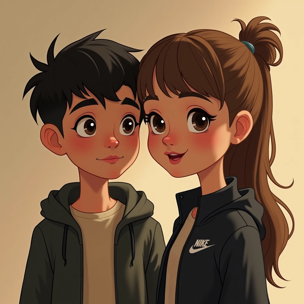Disney A light-skinned teenage boy, Aquiline nose, with a low taper fade, mid fade textured, black Nike jacket
A teenage girl with tied hair and bangs, beige shirt, Disney brunette