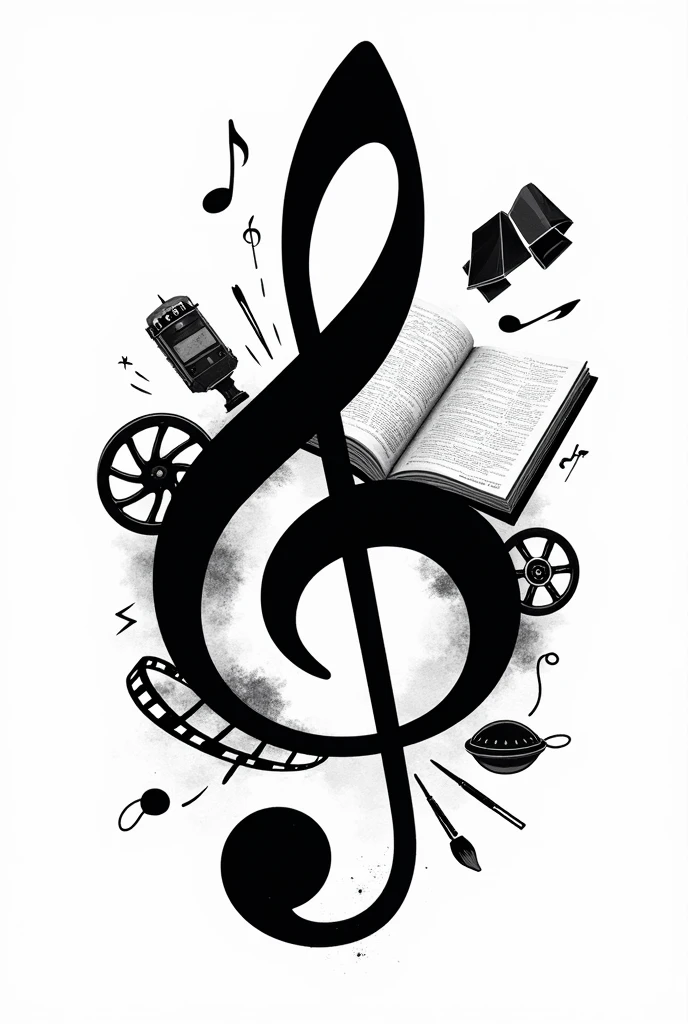 Create a logo that combines the symbols of literature, music, painting, theater, cinema and architecture
stamp
black and white
A treble clef that screams
