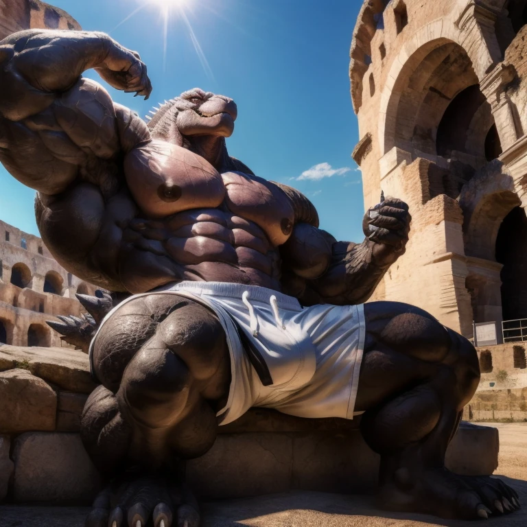 furry growth, hyper growth, hyper muscles, a giant godzilla, shirtless, white shorts, muscular, sleeping in a Colosseum