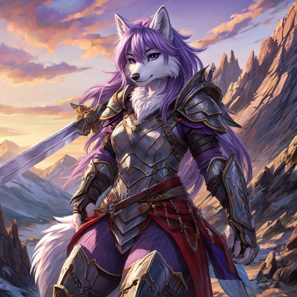 Feminine wolf, light purple hair, white fur, purples eyes, wearing armor, holding a sword, mountains on the background, realisitic