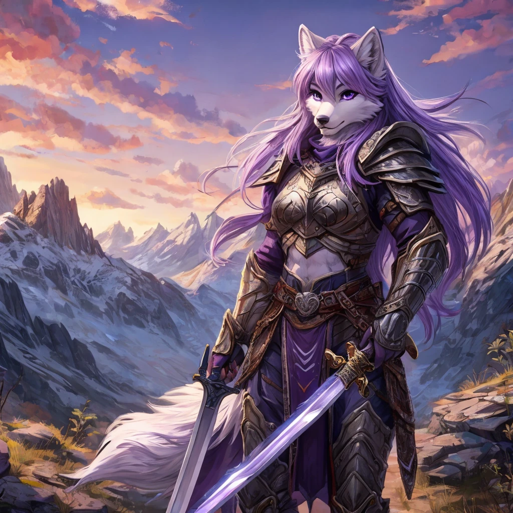 Feminine wolf, light purple hair, white fur, purples eyes, wearing armor, holding a sword, mountains on the background, realisitic