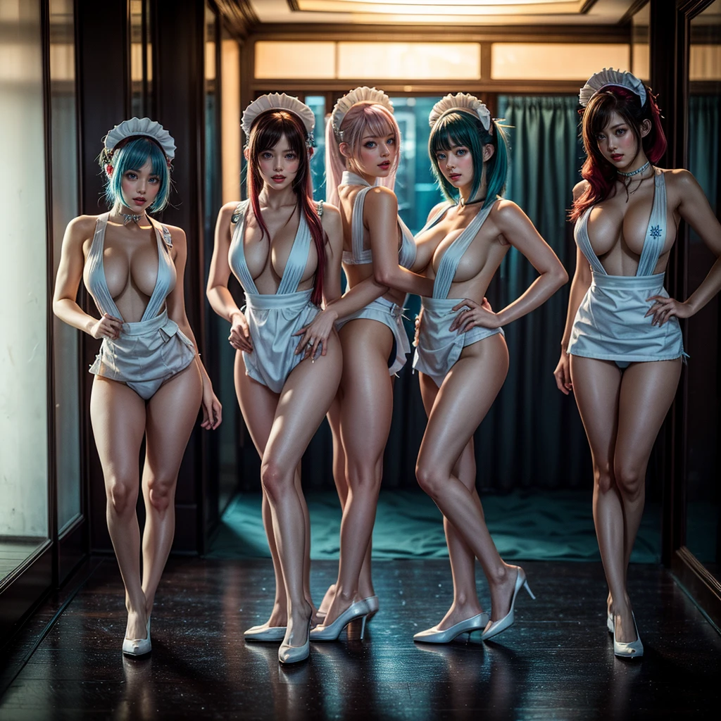 (Full Body of Extremely Detailed((Sexy Maid Group in a row:1.37))), KAWAII perfect face, Reflective Eyes, Detailed(Delicate Clothing textures), Correct Leg Line, Dynamic Joyful Expressions LifeLike Rendering, Specular Reflection, TopQuality 8K Ultra-detailed masterpiece (ProfessionalPhoto:1.37), (Acutance:0.8), (Luminism:1.28), (Renaissance art style), Colorful Light particles, ((Full body from side)), {Kissing|Thigh Gap|AssFocus|(NakedApron with Overflowing SideBoob)}, Radiant Fine Skin with Transparency, (Exposed:0.4), (Different types of Anime hair color){Pink Hair|Blue Hair|Platinum Blonde|Pure White Hair|Liquid Hair}, Perfect Lighting