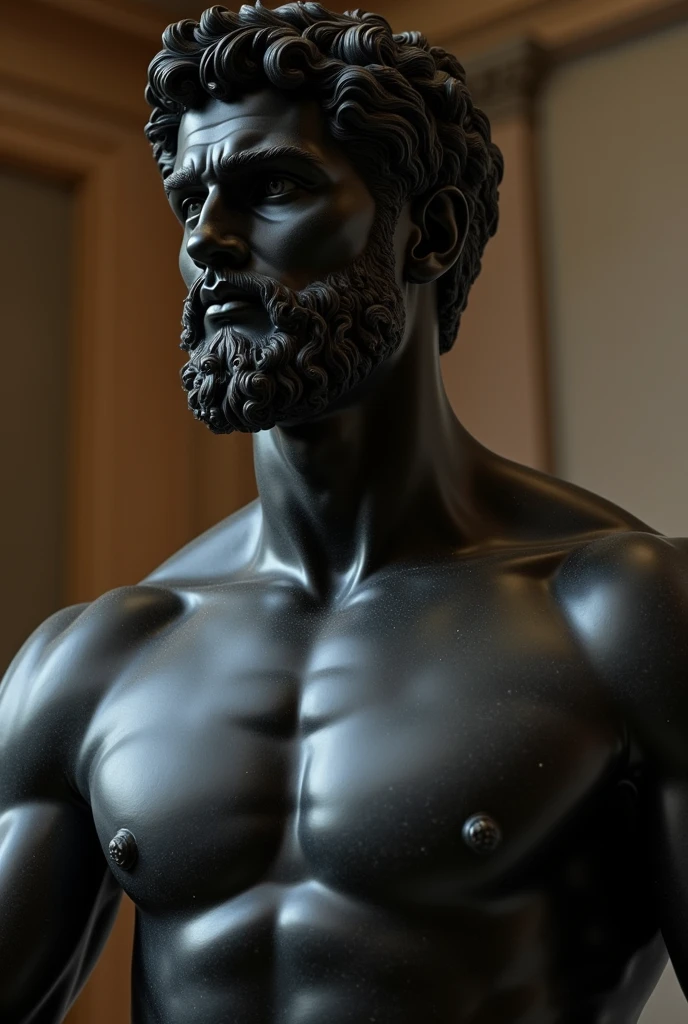 a closeup of a statue of a man with a short beard, a dark marble sculpture of young man with muscles, classical realism, macho, dark marble sculpture, Chiaroscuro, keeping silent