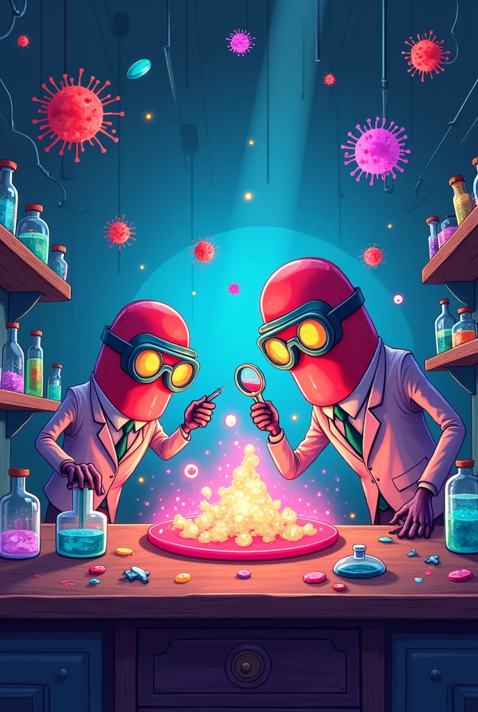 A cartoon of a laboratory, full of viruses in the air,with flashing lights,and there is a table that in the center has a super bacteria being created,around this table there are 2 scientists,but they aren't human,they're giant medicine pills,using those safety goggles for scientists 