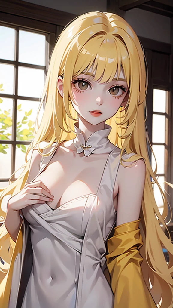 tall woman, totally yellow body, with no face, slenderbody, blond long hair.