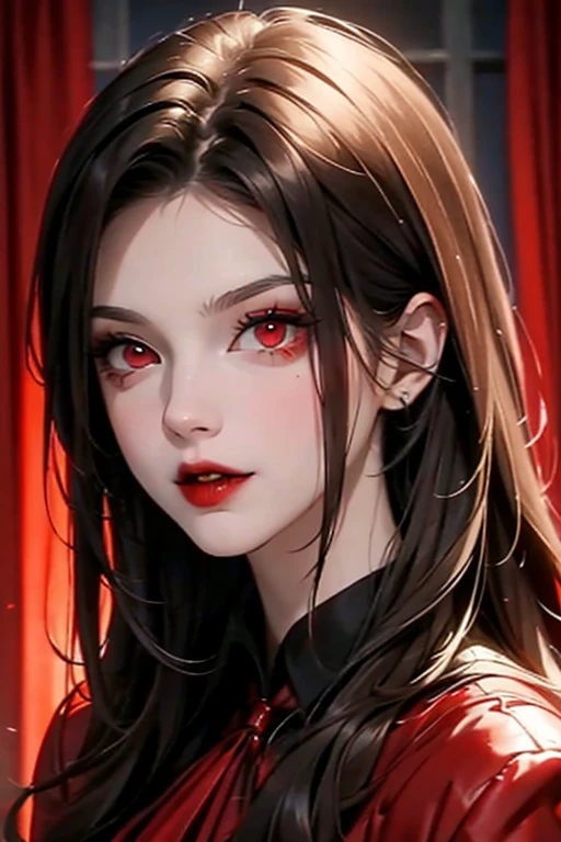 Red-eyed guy brunette, vampire in red and black smirks brazenly