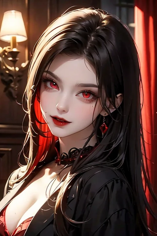 Red-eyed guy brunette, vampire in red and black smirks brazenly