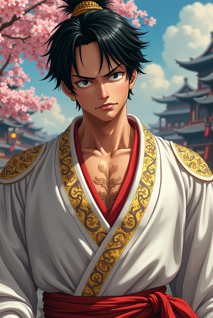 a samurai luffy, samurai cloths ornament war, white barong tagalog with peace sign, detailed face, beautiful detailed eyes, beautiful detailed lips, extremely detailed eyes and face, longeyelashes, muscular body, detailed clothing texture, detailed background, (best quality,4k,8k,highres,masterpiece:1.2),ultra-detailed,(realistic,photorealistic,photo-realistic:1.37),studio lighting,physically-based rendering,extreme detail description,professional,vivid colors,bokeh,concept art