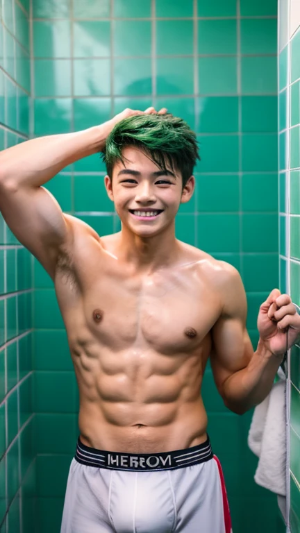 Japanese men、、Well-developed muscles and smooth skin、Fluffy, voluminous, bright green hair、Thin yellow boxer briefs、You can see the whole body from head to toe.、Smiling softly and friendly、Hero Academy、Manly posing in the bathroom